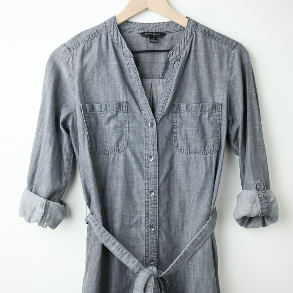 Banana Republic Shirt Dress Size 4 Gray Tencel Tie Back Button Down Cuffs Midi - Picture 4 of 9